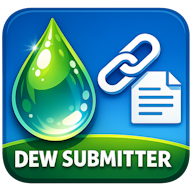 The Dew Submitter icon - featuring a dew drop, a chain link, and a document on a background similar to the classic Windows XP Bliss wallpaper.